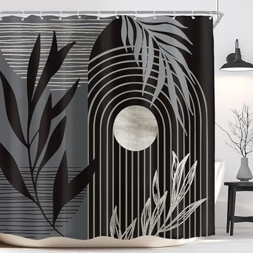 KOMLLEX Black Grey Boho Shower Curtain for Bathroom Decor 72Wx72H Inches Mid Century Palm Leaves Plant Botanical Abstract Bohemian Minimalist Fabric Waterproof Polyester 12 Pack Hooks