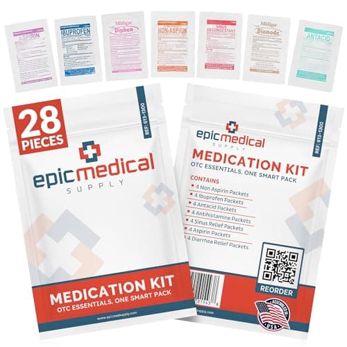 Epic Medical Supply First Aid Kit Medication Refill – 28-Count Unit Dose Packets – Emergency Medicine Kit Pills for 1st Aid Kit Refills, Travel, Office, Dorm, Camping – Assembled in USA