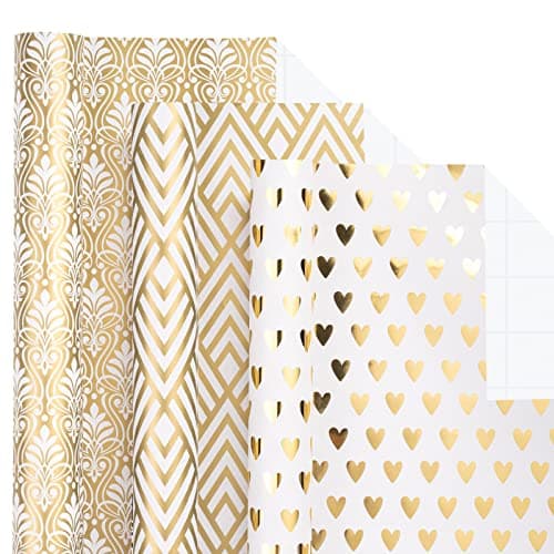 LeZakaa Gold Wrapping Paper Roll - Mini Roll - Geometric Patterns/Floral/Heart for Wedding, Bridal Shower, Birthday - 17 x 120 inches - 3 Rolls (42.5 sq.ft.ttl.)