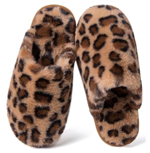 Slippers for Women Men House Indoor Outdoor Fuzzy Fluffy Ladies with Memory Foam Warm Cozy Pillows Furry Slip on Plush Comfy Slides Leopard 280