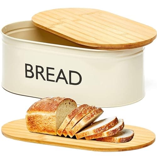 RoyalHouse Premium Metal Bread Box with Bamboo Lid, Stainless Steel Large Bread Bin Storage Container And Organizer for Kitchen Countertop, Vintage Style Kitchen Decor