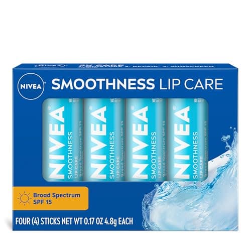 NIVEA Smoothness Lip Care, Sunscreen Lip Balm with SPF 15 Broad Spectrum, Shea Butter, Nourishing Oils and Vitamin C & E, 3-in-1 Moisture, Repair and Sunscreen, 0.17 Oz Stick, Pack of 4