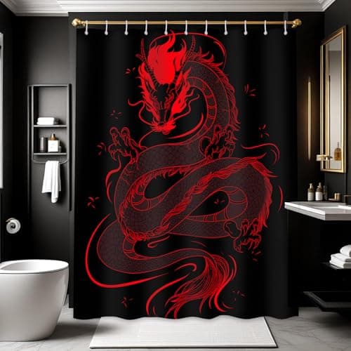 DLTAY Dragon Shower Curtain Black and Red Japanese Bathroom Decor Set, Asian Cool Medieval Mens Boys Bath Waterproof Fabric with Hooks, 72" W x 72" L