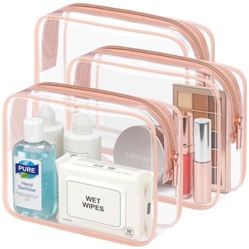PACKISM Clear Makeup Bag - TSA Approved Toiletry Bag 3 Pack Medium, Quart Size Bag with Metal Smooth Zipper, Multi-use Storage for Travel Size Toiletries, Airport Airline Compliant Bag, Rose Pink