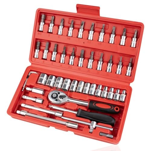 Beaiguna 46PCS Small Drive Socket Ratchet Wrench Screwdriver Set, 1/4 Inch Metric Socket and Ratchet Wrench Set with Extension Bar, Upgrade Compact Tool Set for Car