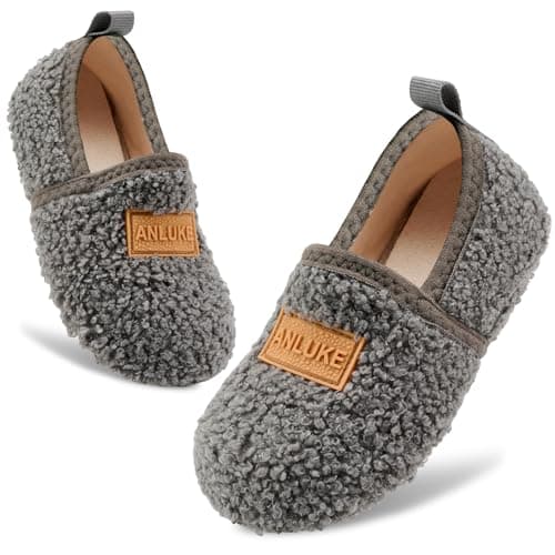 ANLUKE Kids Toddler Slippers Boys Girls Indoor House Shoes Non-Slip Slippers Socks Outdoor Warm Walking Shoes Grey 32/33