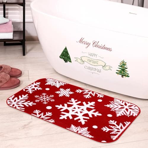 Tinideya Christmas Bathroom Rug 20"x 32" Xmas Bath Mat Red Xmas Bathroom Decor Reindeer Tree Snowflake Bath Mat Non Slip Absorbent Microfiber Washable Soft Holiday Shower Rug(Snowflake)