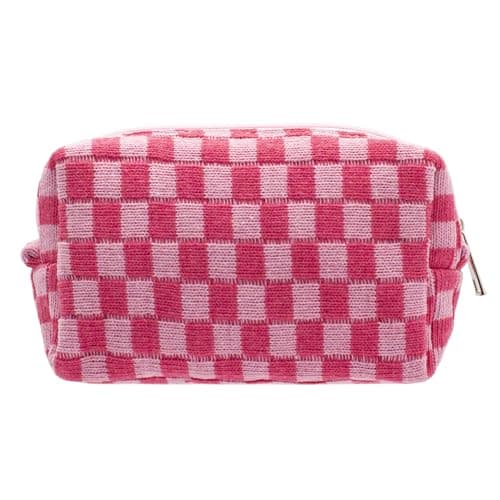 PAZIMIIK Checkered Makeup Bag for Purse Portable Zipper Make Up Pouch Small Cosmetic Case for Travel Accessories (Hotpink)