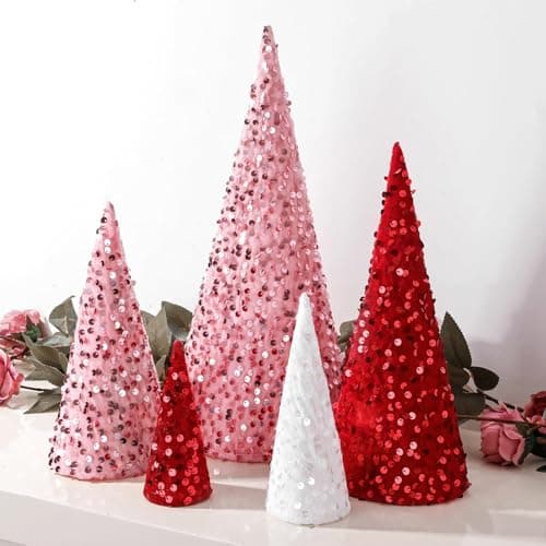 Bunny Chorus Valentines Day Decor, 5Pcs Valentines Tree Table Decorations, Pink Cone Mini Trees with Glitter Sequins Surface, Valentines Tabletop Tree for Home Table Indoor Valentines Day Gifts