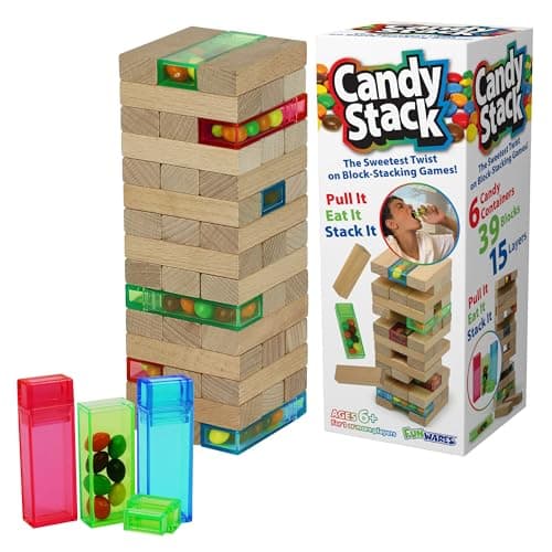 Funwares Candy Stack Wooden Blocks Stacking Game Adds a Candy Twist to Tumbling Towers, Family & Party Fun, Kids and Adults, Ages 6+