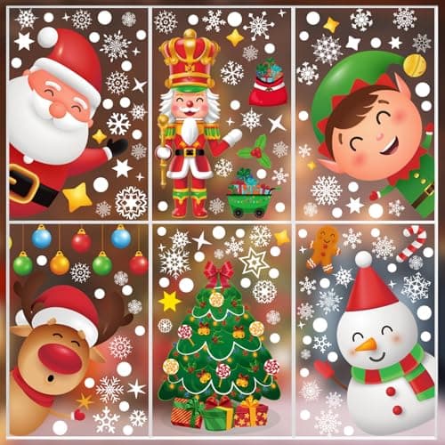 9 Sheets 200+Pcs Christmas Window Stickers Xmas Decals for Glass Snowflake Santa Claus Reindeer Christm Tree Window Cling Sticker for Decorations