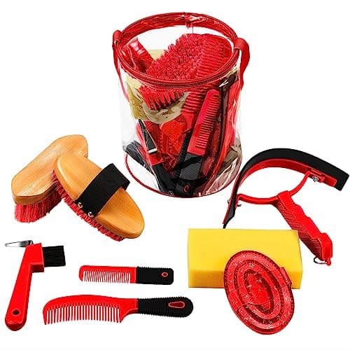 Cunhill 9 Pcs Horse Grooming Kit Tack Room Supplies Set with Tote Bag, Oval Massage Curry, Hard and Soft Brush, Hoof Pick, Sweat Scraper, Bathing Sponge, Comb for Horse Rider(Cute,Red)