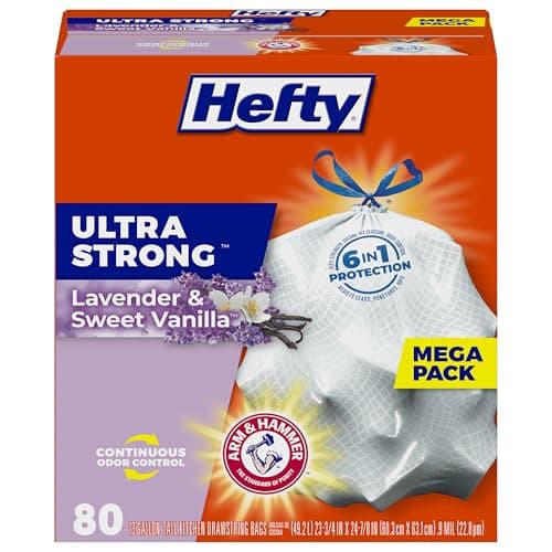 Hefty Ultra Strong 13 Gallon Trash Bags, Tall Kitchen Trash Bags 13 Gallon Size, Drawstring Closure, Continuous Odor Control, White, Lavender and Sweet Vanilla Scent, 80 Bags