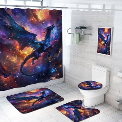 4 Pcs Universe Dragon Shower Curtain Set with Rug, Toilet Lid Cover and Bath Mat Galaxy Nebulae Fantasy Dragon Bathroom Shower Curtain with 12 Hooks Accessories Decorative