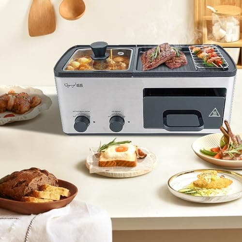 wOod-it 4 in 1 Breakfast Maker Station with Indoor Grill/Griddle/Toast Drawer/Frying Basket, Removable Nonstick Plates, Dual Temperature Control, Silver