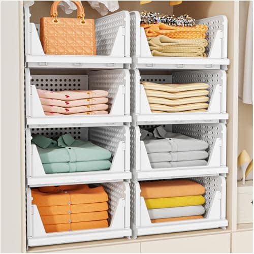 SNSLXH 5 Pack Stackable Closet Storage Basket, Multifunctional & Foldable Closet Organizer for Bathroom Kitchen Laundry Room Wardrobe Storage, Space-Saving Clothes Storage Drawer Organizer, White