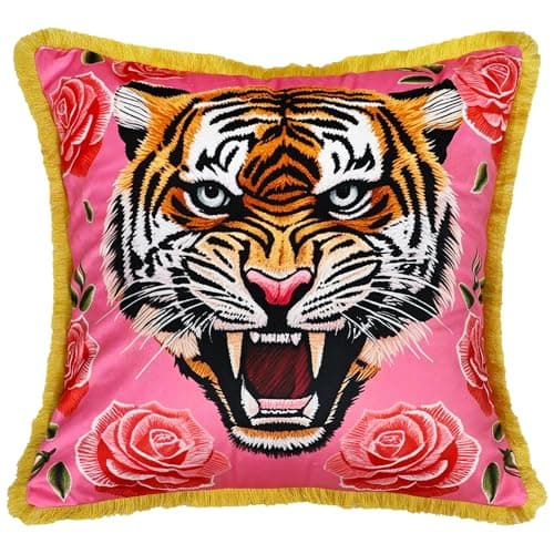 QoBexim Tiger Floral Velvet Throw Pillow Covers 18x18 in, Pink Decorative Pillow Covers Flower Animal Print Modern Cushion Cover with Tassels Square Pillowcase for Couch Sofa Living Room Home Decor