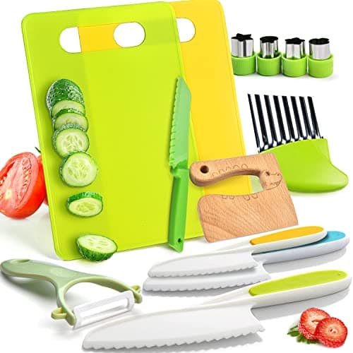 13 Pieces Montessori Kitchen Toys for Toddlers-Kids Cooking Sets Real-Toddler Toys Set for Real Cooking with Plastic Children Safe Knives Crinkle Cutter Kids Cutting Board