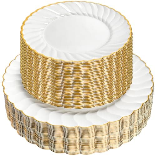 Coloch 80 Pack White and Gold Plastic Plates, Disposable Party Plate Set Includes 40 Pcs 7.25" Dessert Plates and 40 Pcs 10.25" Dinner Plates Heavy Duty Combo Plates for Party, Wedding, Catering