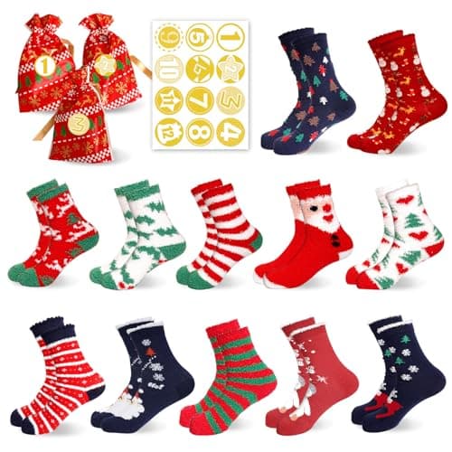 ANOTION Christmas Socks Gifts for New Year, 12 Days Countdown Calendar Gifts For Women Gifts For Teens Men Girls Gifts Fuzzy Christmas Socks Unique Holiday Designs Family Gifts