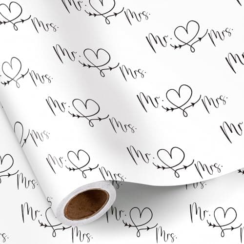 RUSPEPA Wedding Wrapping Paper Roll, Mini Roll, Black and White Mr. & Mrs. Design with Heart and Arrow Pattern, Romantic Gift Wrap for Wedding, Engagement, Anniversary, 17 Inches x 16.4 Feet