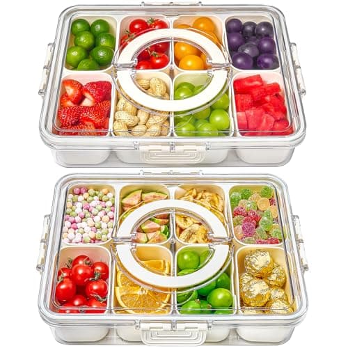 Mfacoy Snackle Box Container, 2 Pack Divided Serving Tray with Lid and Handle, Snack Box Charcuterie Container for Portable Snack Platters, Clear Organizer for Candy, Fruits, Travel, Party, Picnic