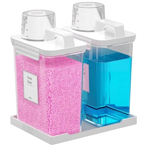 Hordely 61OZ Laundry Detergent Dispenser Container, 2 Pack Liquid Laundry Dispenser, Plastic Detergent Dispenser for Laundry Room/Powder/Fabric Softener with Labels/Tray, Clear