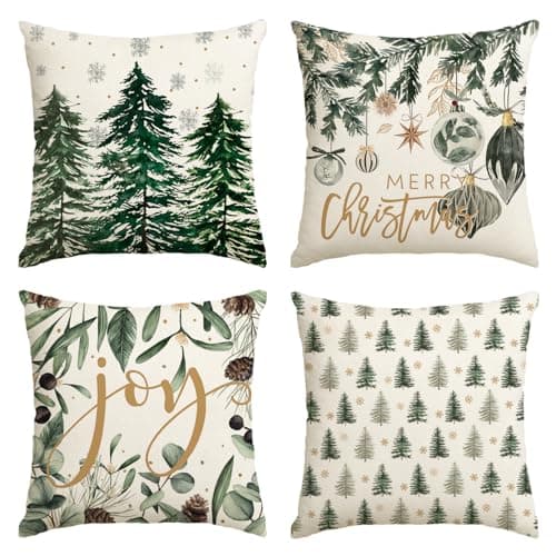 AVOIN colorlife Merry Christmas Trees Snowflake Throw Pillow Covers, 18 x 18 Inch Joy Xmas Balls Winter Holiday Cushion Case Decoration for Sofa Couch Set of 4