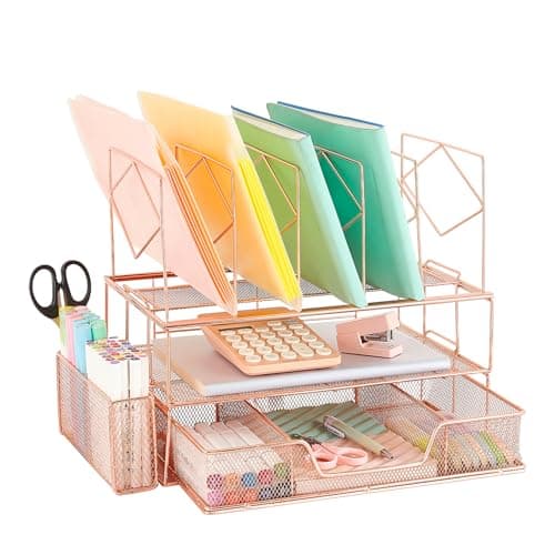 Youbetia Desk Organizers and Workspace Accessories - Office Supplies Desk Organizer, File Organization with File Sorters + Pen Holder, Double Tray and 5 Upright Sections with Drawer, Rose Gold