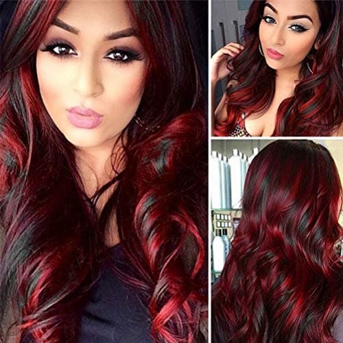 Sallcks Black Red Wig for Women Long Wavy Wig Highlights Layered Silky Middle Part 2 Tone Synthetic Cosplay Costume Wigs