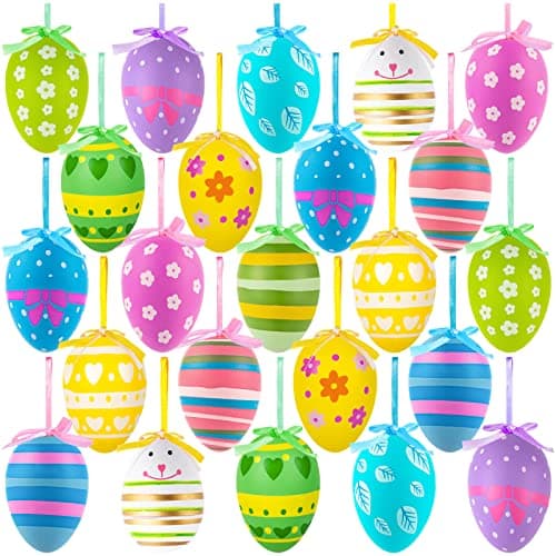 24 Pcs Easter Hanging Eggs, Multicolored Plastic Easter Egg Hanging Ornaments, Decorative Hand Painted Ball DIY Crafts Tree Ornaments for Decoration, Random Styles