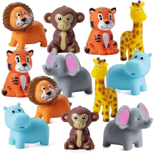 Mini Zoo Animals Bath Toys - (Pack of 12) Vinyl Rubber Jungle Safari Animal Figures, Squeezable Bath Tub Toys for Kids, Baby Shower, Birthday Party Supplies, Favors, Cake Decor, Table Decorations