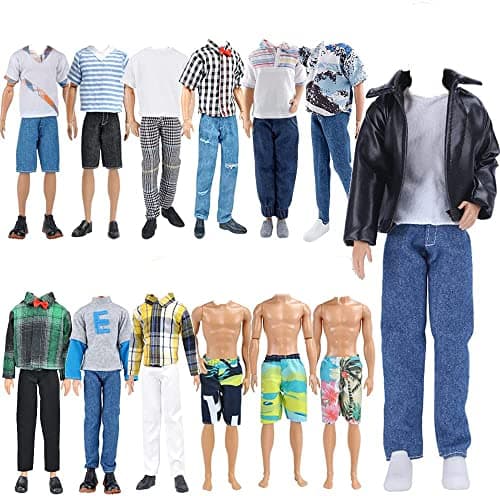 E-TING 10-Item Fantastic Pack = 5 Sets Fashion Casual Wear Clothes Outfit with 5 Pair Shoes for boy Doll Random Style (Leather Jacket + Casual Wear Clothes + Swimwear)