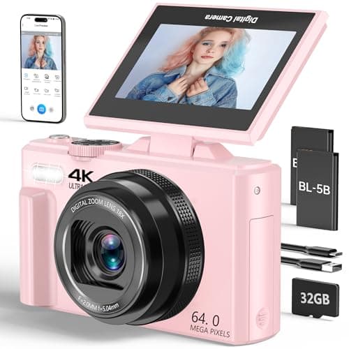 4K Digital Camera for Photography, 64MP Vlogging Camera for YouTube with 3" 180° Flip Screen, 18X Digital Zoom Point and Shoot Camara with 32GB Micro SD Card for Beginner (LP)