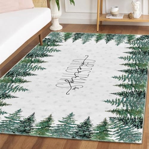 Artoid Mode Green Pine Tree Merry Christmas Area Rug, Xmas Winter Home Decor Low-Profile Washable Area Rugs for Entryway Bedroom Living Room Laundry Room Indoor 5x7 Feet