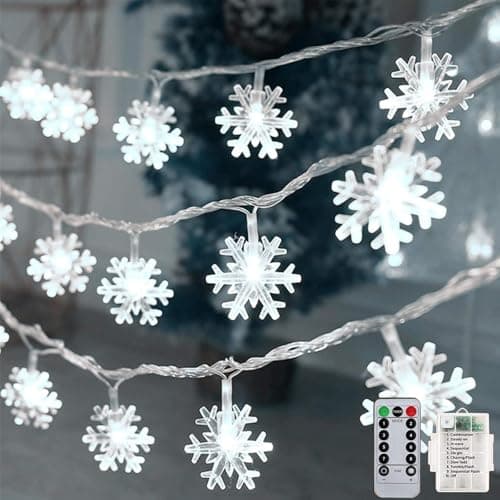 colcutee Christmas Snowflake Lights, 20ft 40LED 8 Modes & Timer Battery Operated Christmas Decorations Lights with Remote Control, Fairy Lights for Indoor Outdoor Holiday Party Decorations (White)