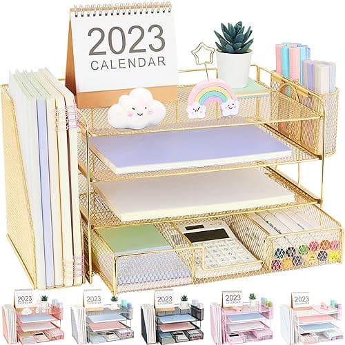 OPNICE Desk Organizers and Accessories, Desk Accessories & Workspace Organizers for Office Supplies, File Organizer Desk Drawer Organizer with 2 Pen Holders, 4 Tier Paper Organizer for Desk (Gold)