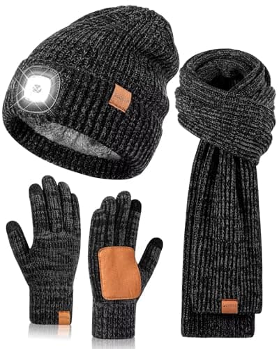 LED Beanie Hat Gloves Scarf Set, Winter Hats with Light Built in USB Rechargeable Headlamp Caps Long Scarf Touchscreen Gloves, 3 in 1 Warm Set for Dad Men Cold Weather-Mix-Black
