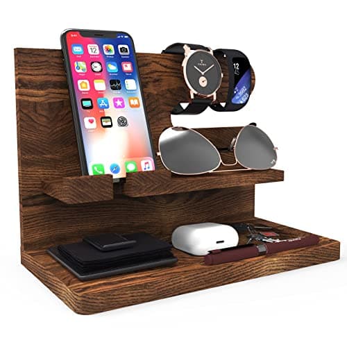Iswabard Birthday Gifts for Men Valentines Day Gifts for Men Gift for Dad Wood Phone Docking Station Organizer Wood Bedside Desk Organizer