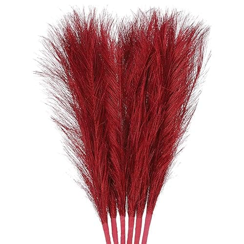 uxcell 6Pcs Faux Pampas Grass Small 45cm/17.7" Fake Fluffy Pampas Grass 7 Branches Artificial Vase Filler for Home Office Vase Wedding Decoration Red