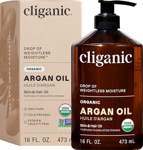 Cliganic Organic Argan Oil 16oz with Pump, 100% Pure | Bulk for Hair, Face & Skin (Packaging May Vary)