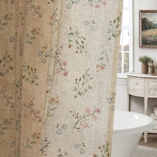 XOGUIBO Floral Farmhouse Vintage Linen Shower Curtain, French Country Shower Curtains for Bathroom, 72Wx72H