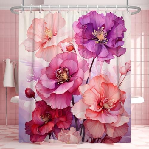 Uiiooazy Pink Shower Curtain for Bathroom Rose Pink Floral Shower Curtain Set with Hooks Abstract Purple Pink Flowers Bathtub Decor Waterproof Fabric Curtains 72x72inches
