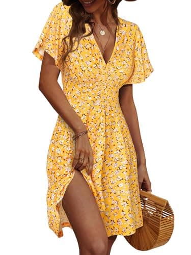 FENSACE Casual Summer Dresses for Women Floral Short Sleeve Wrap Empire Waist Sundress Dress(Yellow,Large)