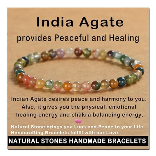 AD Beads Handmade Gemstone Stretch Elastic Bracelet Crystal Healing Reiki Nature's Beauty and Spiritual Essence Unisex (4mm, Indian Agate)