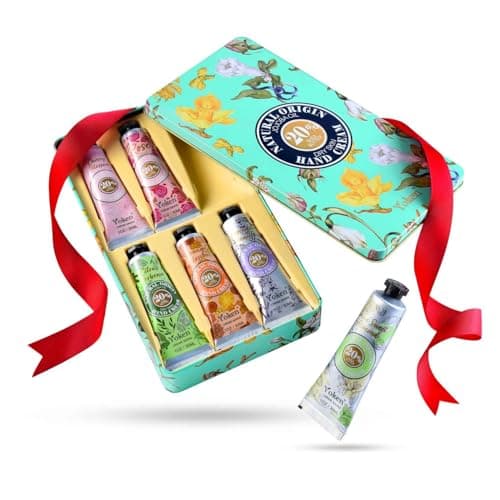 Yoken 20% Shea Butter Hand Cream Gift Set, Instant Soothing Moisturizing Hand Cream for Women Nourishes Dry Hands, 6-Piece Delicate Tin Gift Set Almond, Citrus Verbena & Floral-Scented, 6 x 1 OZ