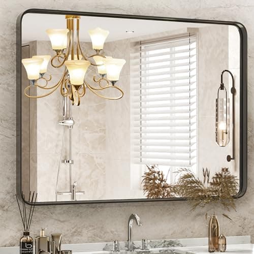 DUMOS Black Vanity Bathroom Mirror for Wall, Metal Framed Rounded Rectangular Modern Mirrors for Over Sink, 30x40 Inch for Farmhouse, Tempered Glass, Hangs Horizontally or Vertically