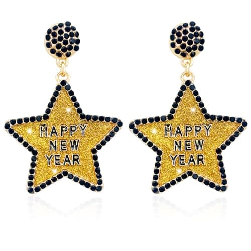 Happy New Year Earring for Women Glitter Bling Rhinestone Star Letter New Year Holiday Earrings Festive Party Jewelry Gifts