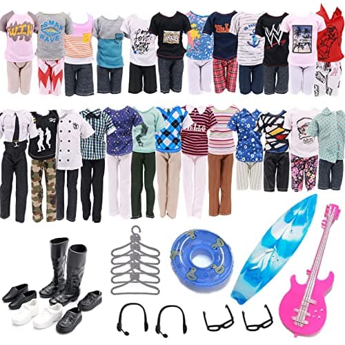 33 PCS Doll Clothes and Accessories Doll Including 5 Tops 5 Pants Casual Wear in Random 4 Pair of Shoes Hangers Glasses Earphone Guitar Surfboard Swimming Ring for 12 Inch Boy Doll