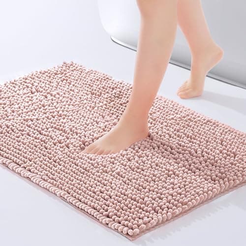 FRESHMINT Chenille Bathroom Rugs Mat 24"x17", Non-Slip Bath Mat for Bathroom Floor & Bathtub, Washable Soft Shower Shag Bath Rugs, Fluffy Thick Water Absorbent Microfiber Shower Mat, Dusty Pink